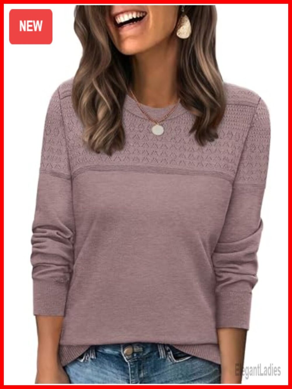 Womens Crochet Cable Knit Crewneck Pullover Sweater Long Sleeve